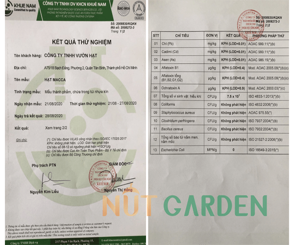 Sản phẩm hạt macca tại Nut Garden đã được cấp giấy chứng nhận an toàn sức khỏe